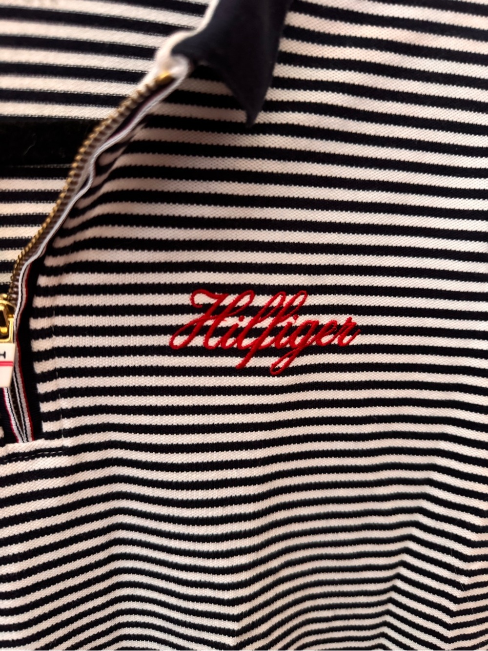Tommy Hilfiger Women’s Striped Quarter Zip Polo Top Navy White 3/4 Sleeve Medium - Picture 4 of 11